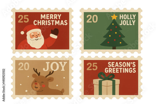 A set of charming Christmas-themed postage stamps, vintage xmas posters, and winter holiday prints for use on cards and textiles, created using a hand-drawn flat design vector illustration style