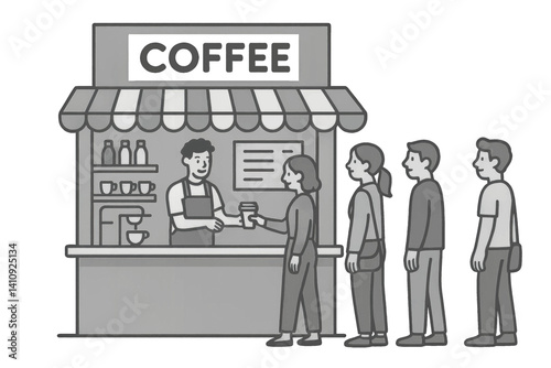 A picture of an open coffee shop with a queue of people and a grey color palette, where a barista is actively serving customers