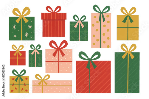 A modern mid-century clip art collection of Christmas present boxes in multiple colors, including red, green, pink, and gold, set against a plain white background in a vector format
