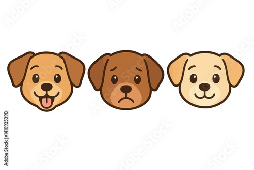 A flat-style vector illustration showcases three cartoon puppy faces, each with unique expressions and fur colors, along with a Quadrobists kid mask