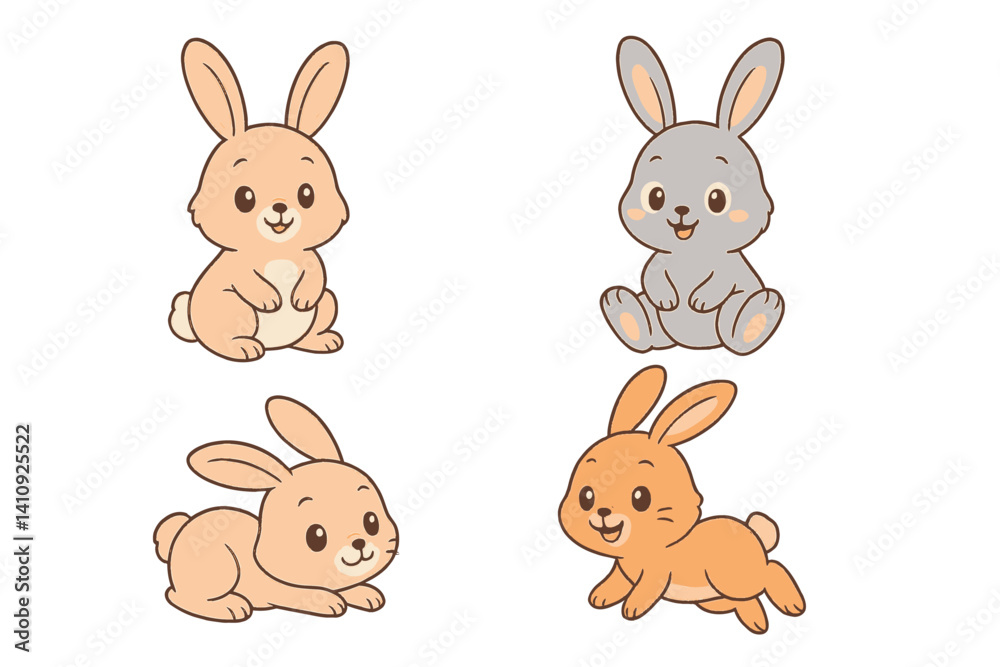 Fototapeta premium Four cartoon rabbits of different colors and in various poses are isolated on a white backdrop