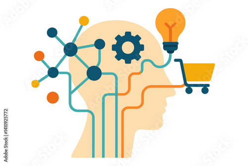 A futuristic concept is represented by a human head with integrated neural connections, mechanical gears, a glowing lightbulb, and elements of online shopping, highlighting the intersection of