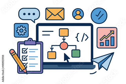 The digital workspace is illustrated through a colorful arrangement of elements that highlight productivity tools and interactions, all presented in simple and customizable flat designs for low code