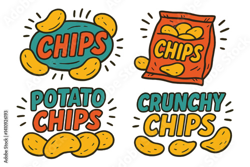 The visual appeal of chips is highlighted by layouts that incorporate bold hand-drawn illustrations and vibrant colors, making them suitable for product branding, posters, and social media ads