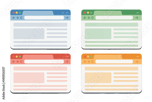 Isolated vector elements of a web browser window are presented, along with site template designs in multiple colors, and a website design mockup on a blue background