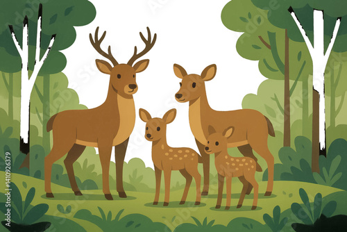 Deer family standing together in a serene and idyllic forest with abundant trees and greenery in flat vector illustration style