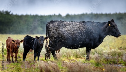 Angus crossbred cow and 2 calves covered in horn flies