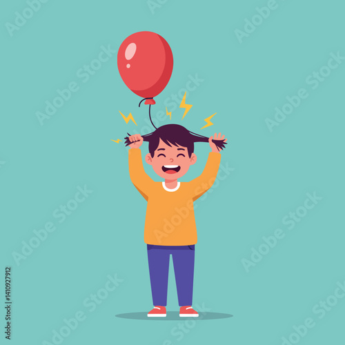 Smiling young boy with brown hair in casual clothes playing with static electricity from red balloon flat minimal vector art