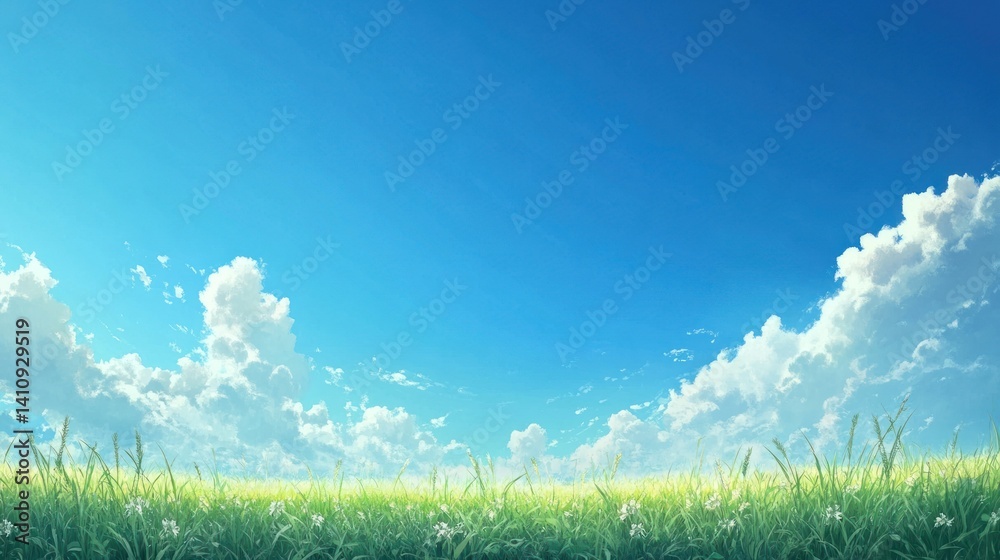 Serene pastoral scenery with blue sky, fluffy clouds and verdant meadow Serene pastoral scenery with blue sky, fluffy clouds and verdant meadow