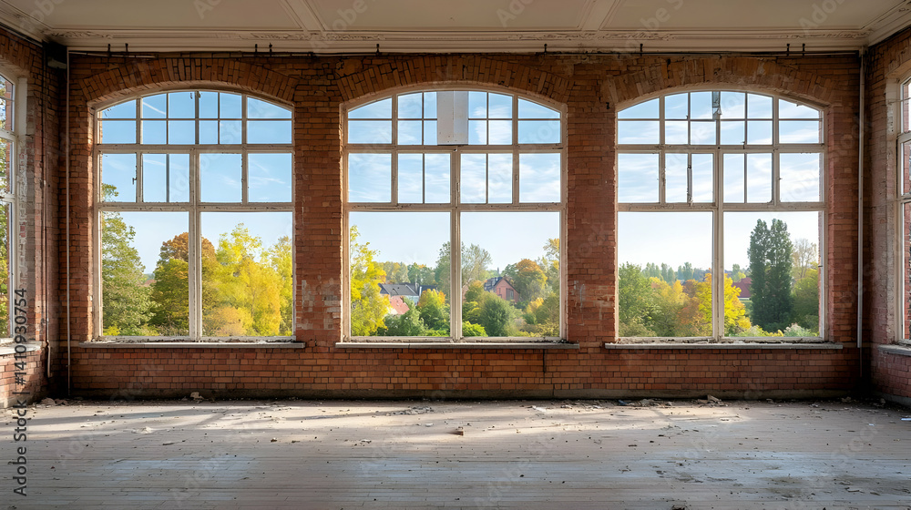 Fototapeta premium Empty Abandoned Room With Brick Walls And Large Windows Showing Autumn Trees