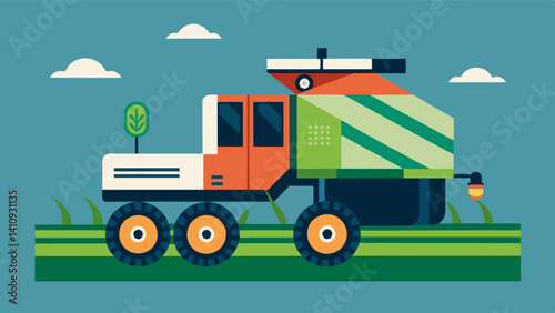 By combining harvesting and loading capabilities an autonomous harvester is equipped with an onboard belt system that directly transfers crops into transport vehicles saving time. Vector illustration