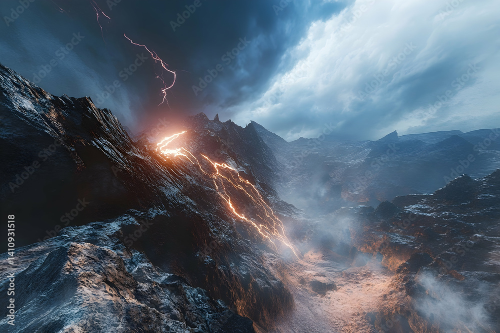 Naklejka premium Dramatic mountain range illuminated by a powerful lightning storm.