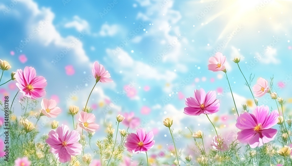 background nature, Spring sunny day, flowers field, blossom field, anime style background nature, Spring sunny day, flowers field, blossom field, anime style