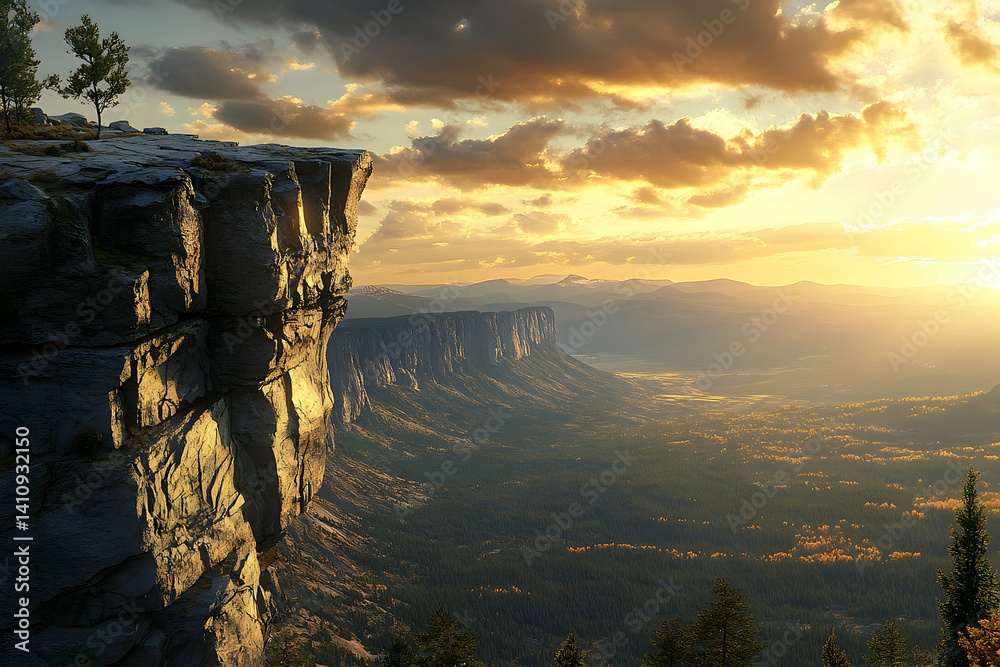 Obraz premium Dramatic mountain vista at golden sunset from a towering cliff.