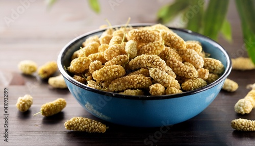 Dried white mulberry fruits in blue enamel bowl