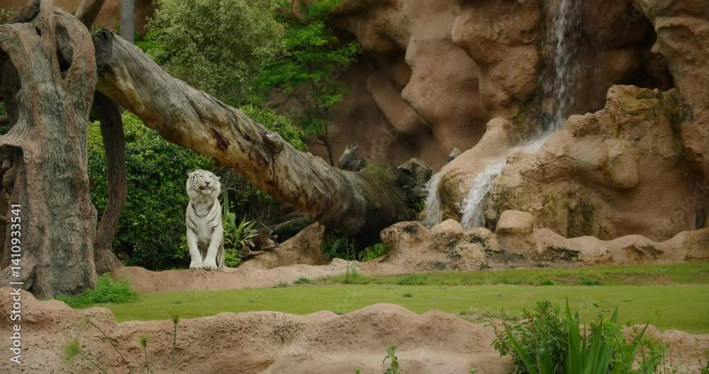 A white tiger walking near a small waterfall in a zoo exhibit A white tiger walking near a small waterfall in a zoo exhibit