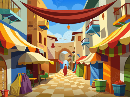 colorful illustration of a middle eastern traditional market alley