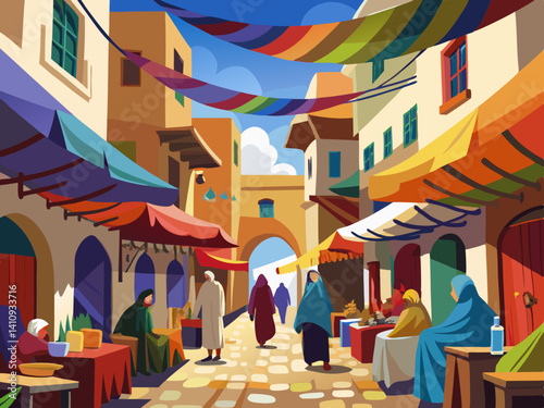 colorful illustration of a middle eastern traditional market alley