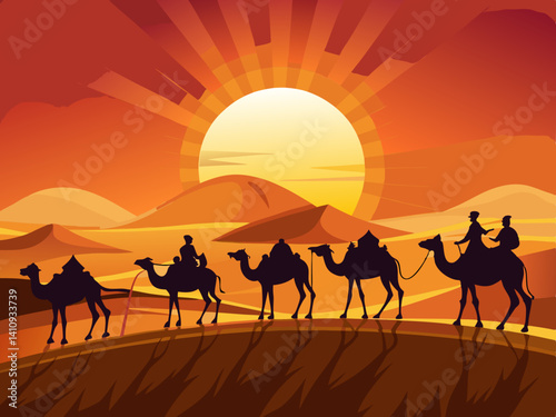 colorful illustration of a camel caravan in the sunny desert