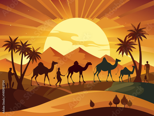 colorful illustration of a camel caravan in the sunny desert