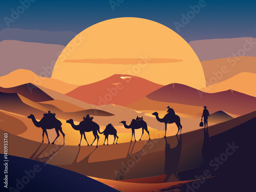 colorful illustration of a camel caravan in the sunny desert