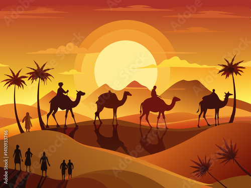colorful illustration of a camel caravan in the sunny desert