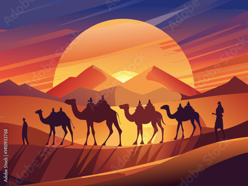 colorful illustration of a camel caravan in the sunny desert