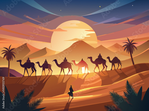 colorful illustration of a camel caravan in the sunny desert