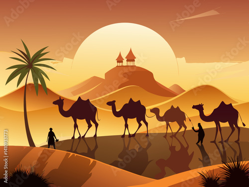colorful illustration of a camel caravan in the sunny desert
