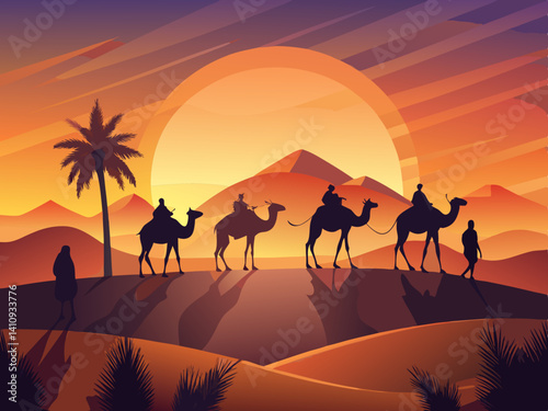 colorful illustration of a camel caravan in the sunny desert