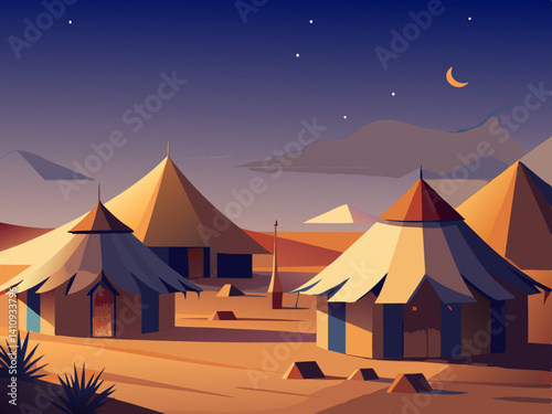 colorful illustration of a desert tent village night view