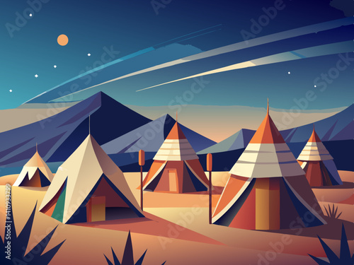 colorful illustration of a desert tent village night view