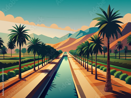 colorful illustration of a date palm farming with water irrigation