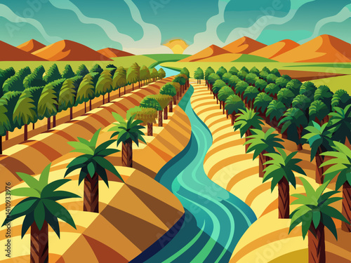 colorful illustration of a date palm farming with water irrigation
