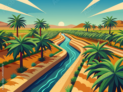 colorful illustration of a date palm farming with water irrigation