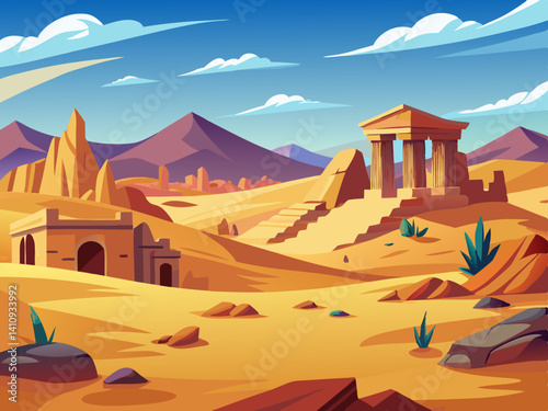 colorful illustration of a desert scene with ancient ruins