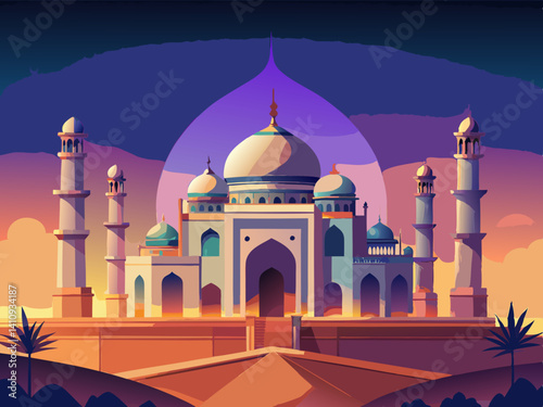 colorful illustration of a grand mosque night view