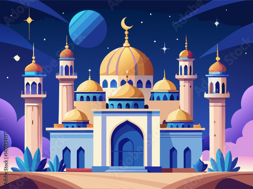 colorful illustration of a grand mosque night view