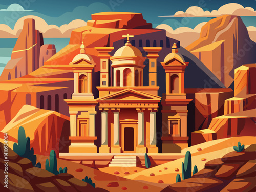 colorful illustration of a petra jordan ancient sandstone city