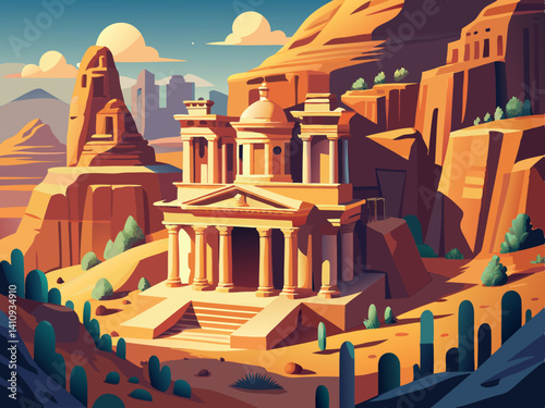 colorful illustration of a petra jordan ancient sandstone city