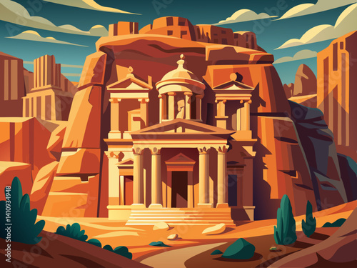 colorful illustration of a petra jordan ancient sandstone city
