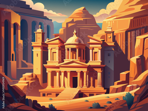 colorful illustration of a petra jordan ancient sandstone city