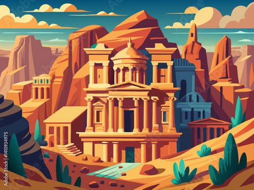 colorful illustration of a petra jordan ancient sandstone city