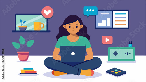 A teenage girl sits crosslegged on her bedroom floor carefully coding the buttons and icons for her games user interface on her laptop.. Vector illustration