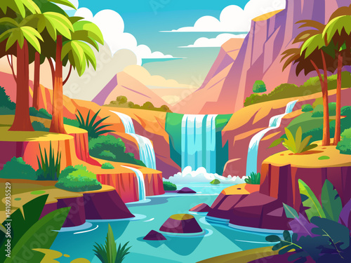 vibrant colorful illustration of a waterfall with valley rock cliff scenery