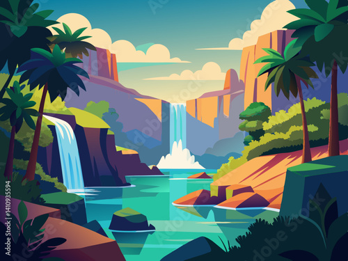 vibrant colorful illustration of a waterfall with valley rock cliff scenery
