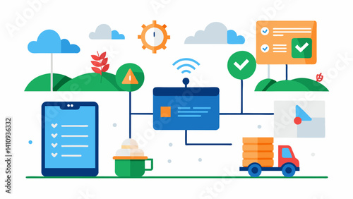 Customizable alerts and notifications keeping farmers informed about important events such as rainfall market price changes or machinery breakdowns.. Vector illustration