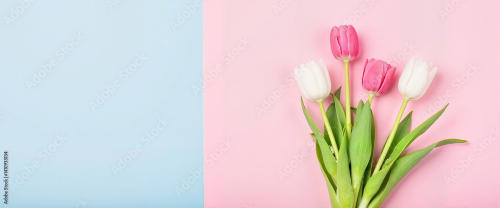 Fototapeta premium Colorful tulips arranged against a blue and pink background -