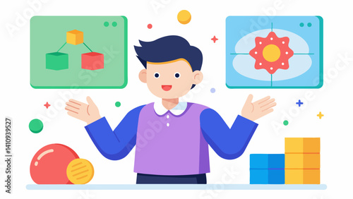 A student confidently explaining the concept of Boolean logic to their classmates using colorful props to demonstrate.. Vector illustration