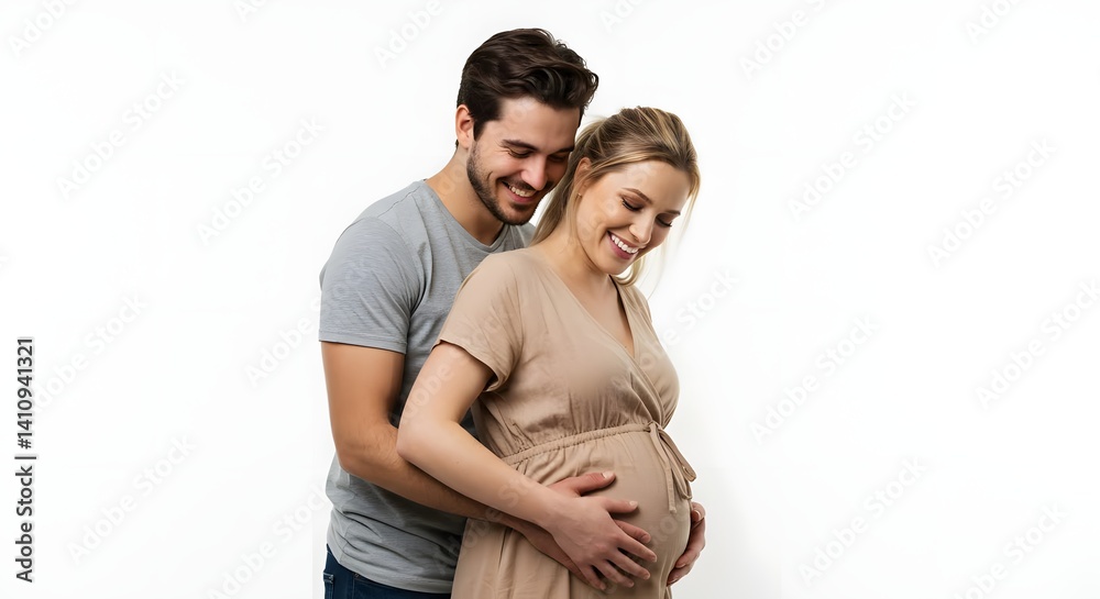 A smiling couple embraces, with the husband gently cradling his pregnant wife's belly.